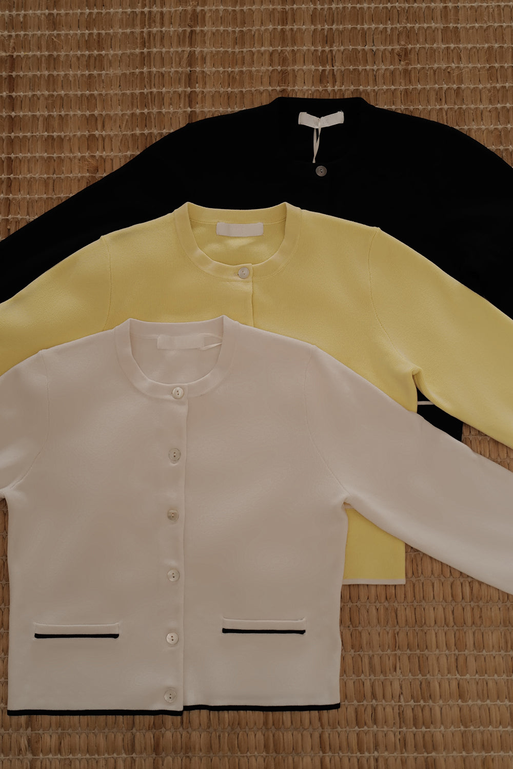 Ice Knit Contrast Trim Button-Up Jacket with Faux Pockets