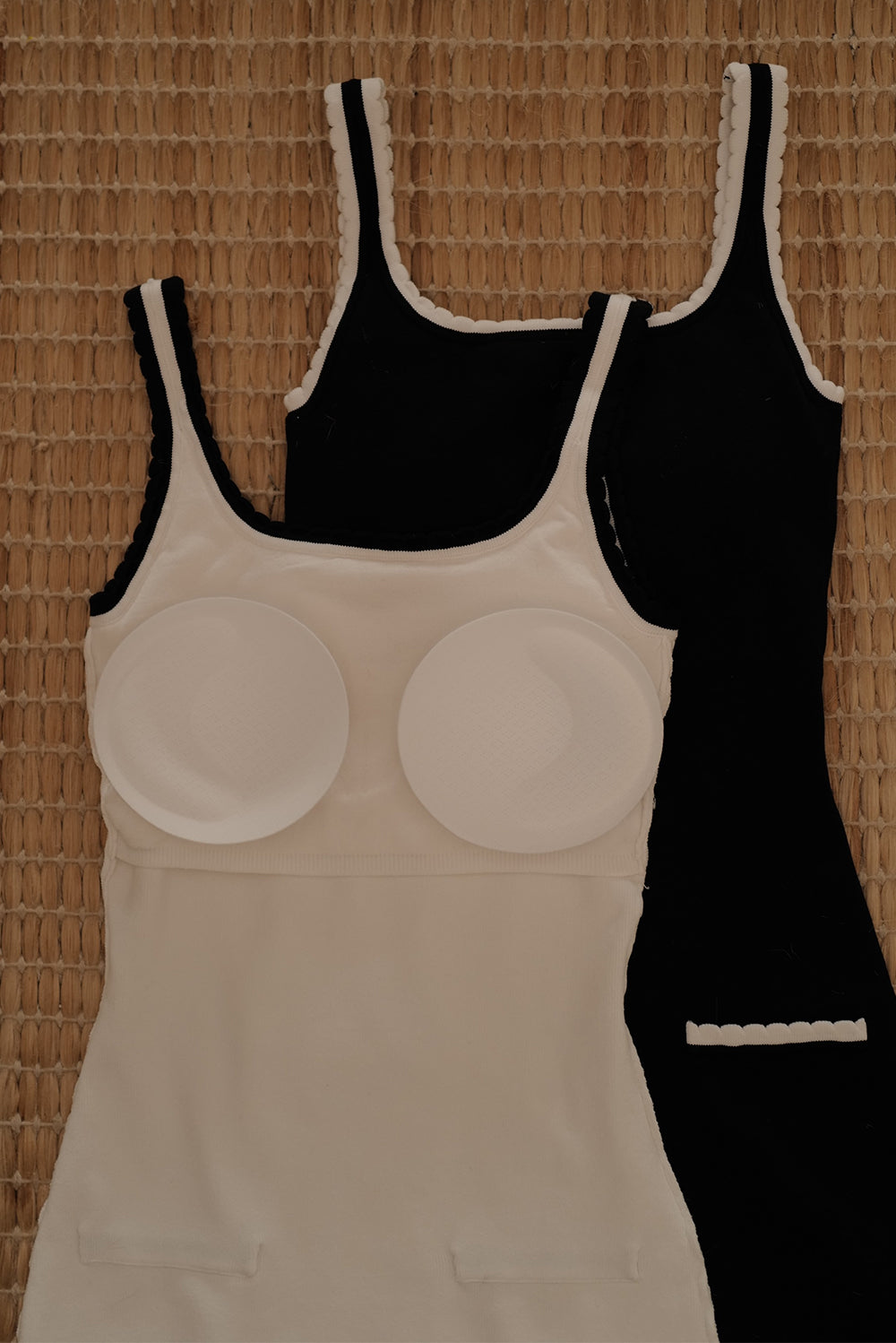 Ice Knit Contrast Trim U-Neck Mini Bra Dress With Faux Pockets