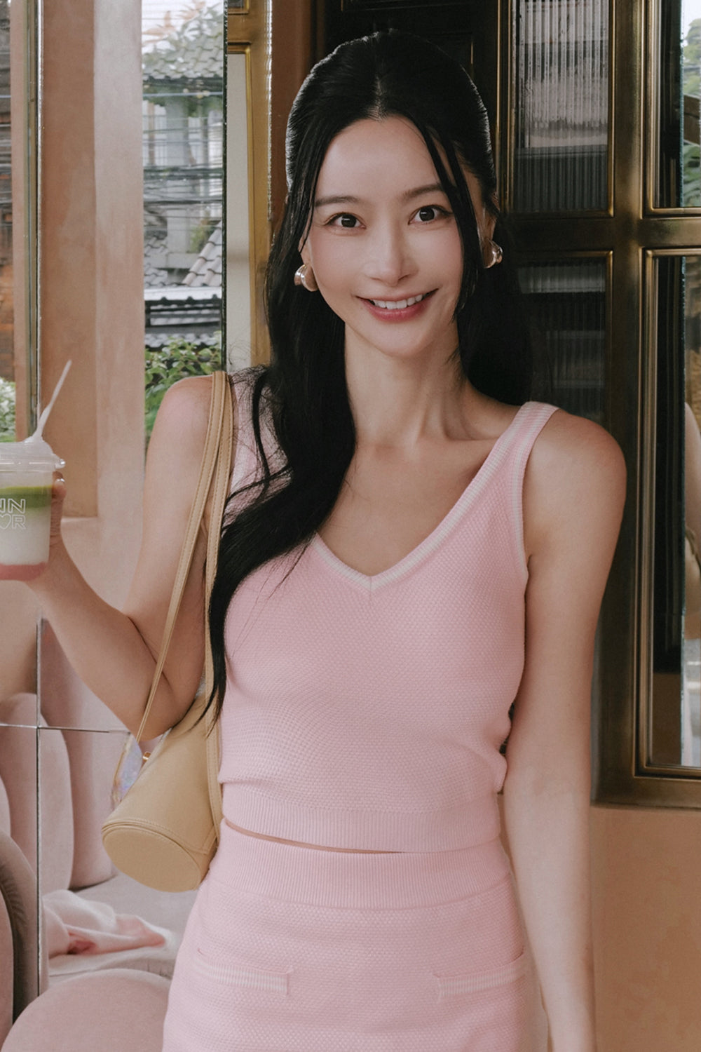 Afternoon Walk Tuck-Stitch Knit Contrast Trim V-Neck Wide-Strap BraTop