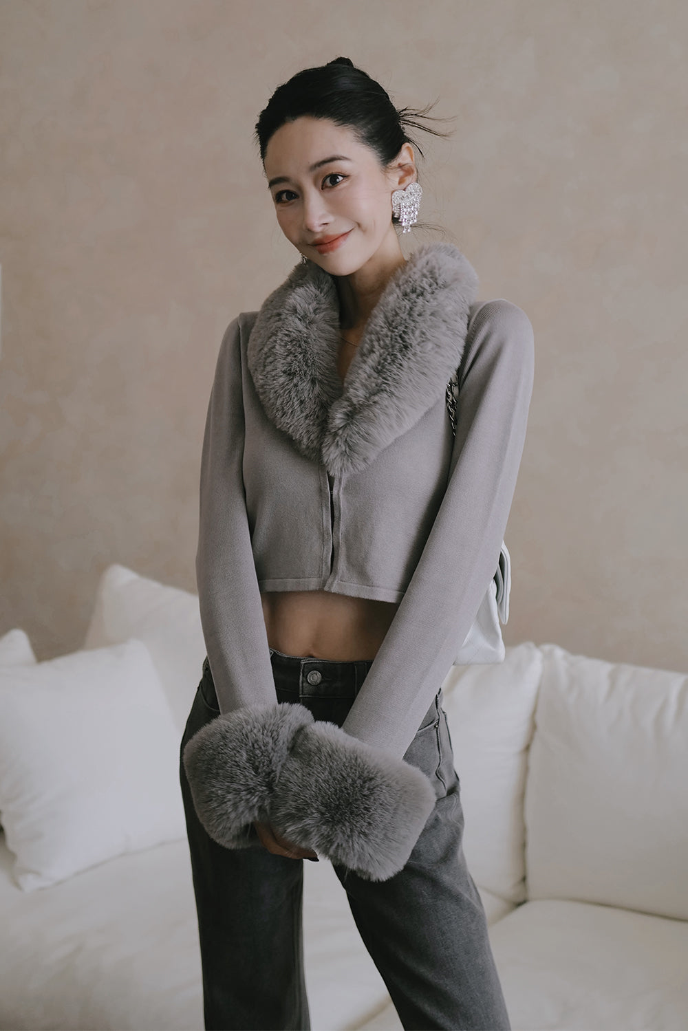 Ribbed Knit Fur-Trim Buttoned Top