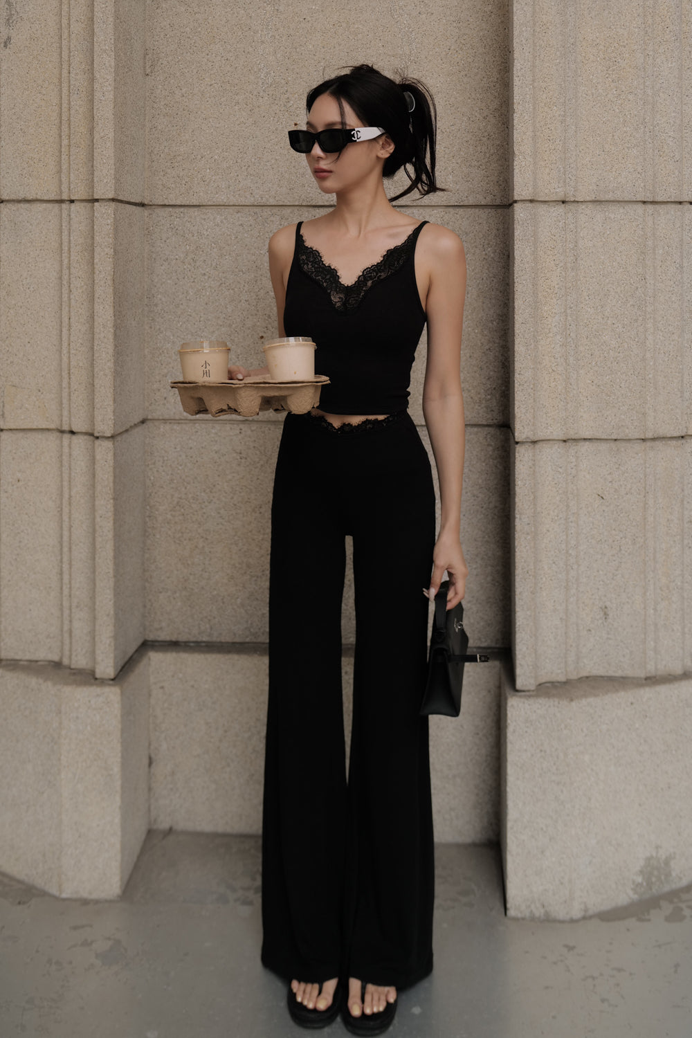 Elegant Rib Lace Trim High Waist Pants