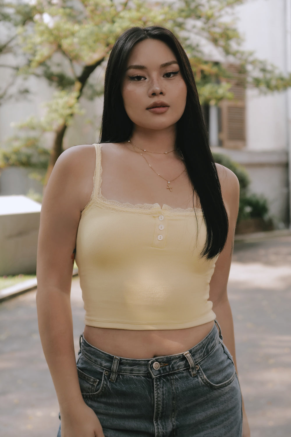 Elegant Rib Lace Trim Henley Wide Strap Bra Top