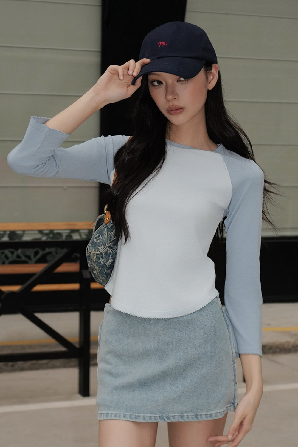 Pure Ripple Trim Color-Block Boat neck 3/4 Sleeve Top