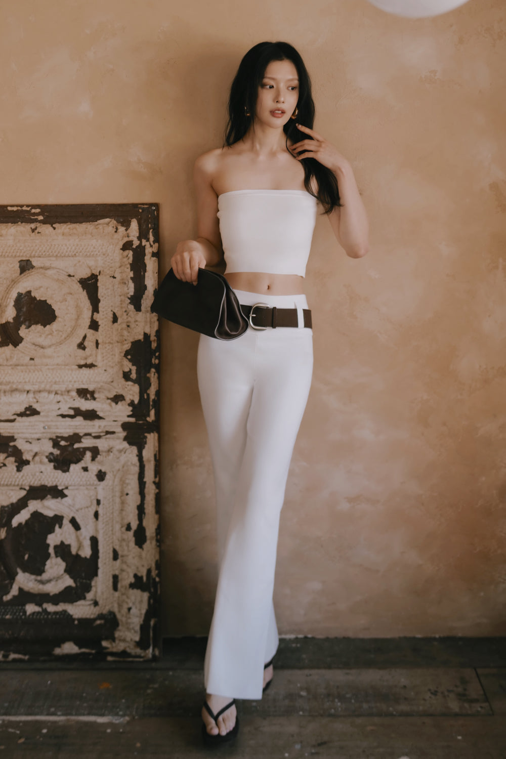 Ice Knit Wide-Waistband Sculpting Trousers with Suede Belt