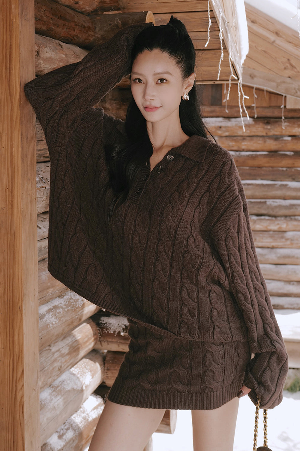 Gentle Touch Cable Knit Half-Button Collared Sweater