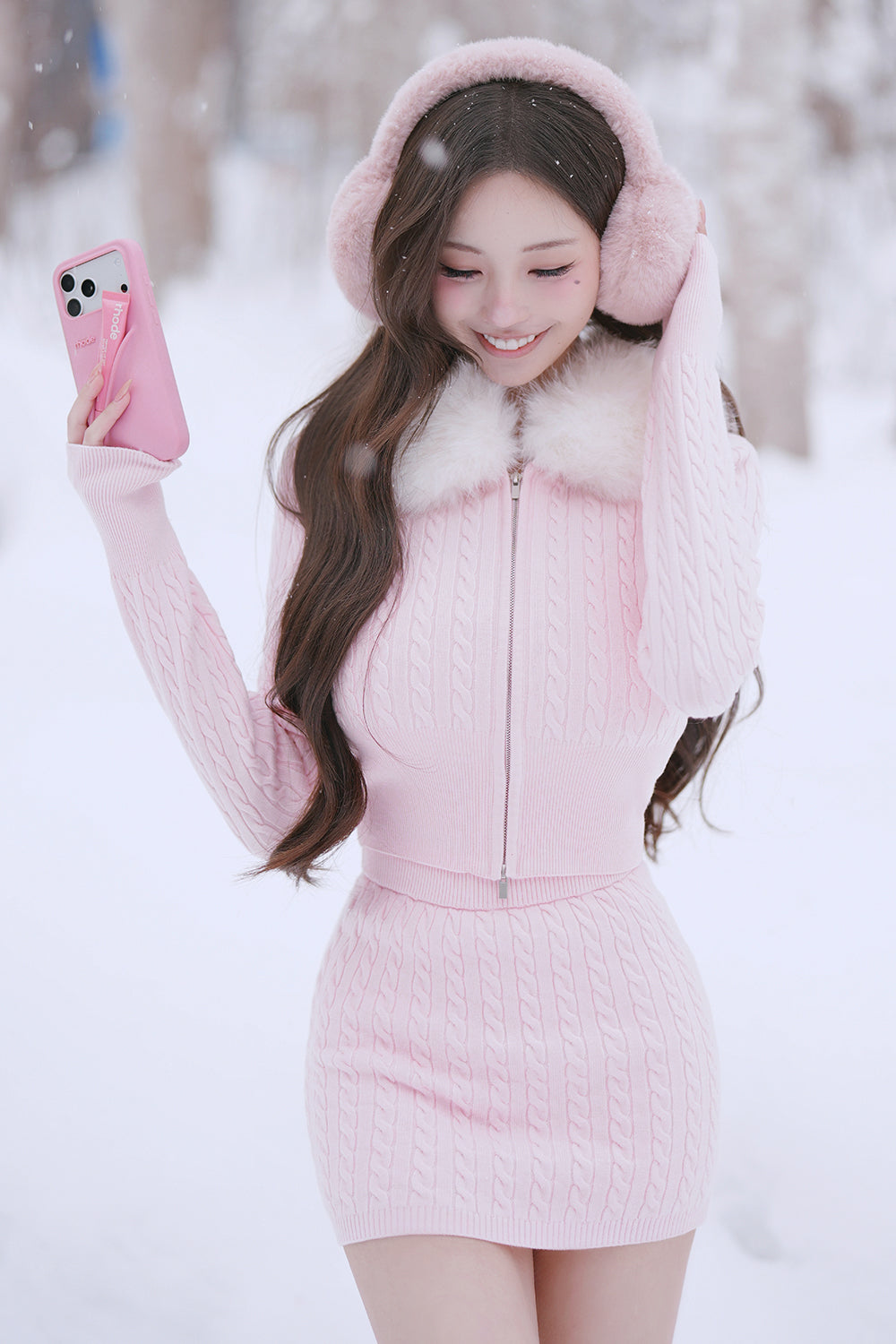 Gentle Touch Fine Cable Knit Faux Fur Trim Cropped Jacket