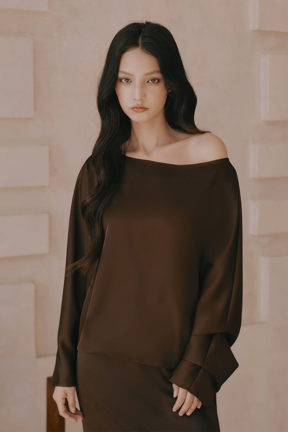 Satin Asymmetrical Off-Shoulder Long Sleeve Top