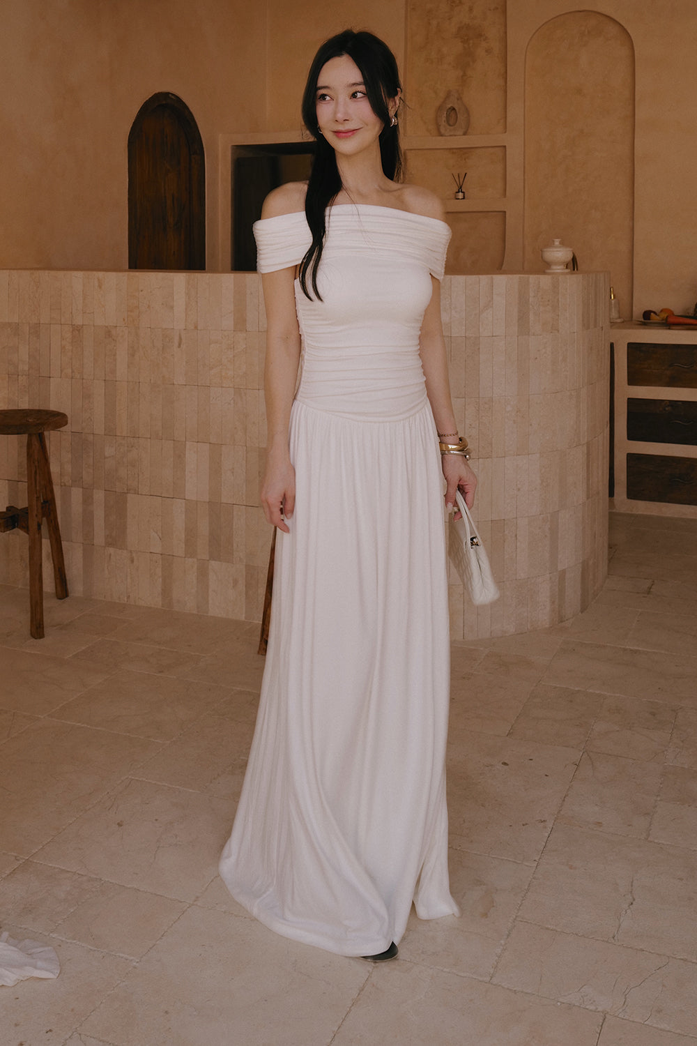 Island Reverie Off-Shoulder Pleated Maxi Bra Dress