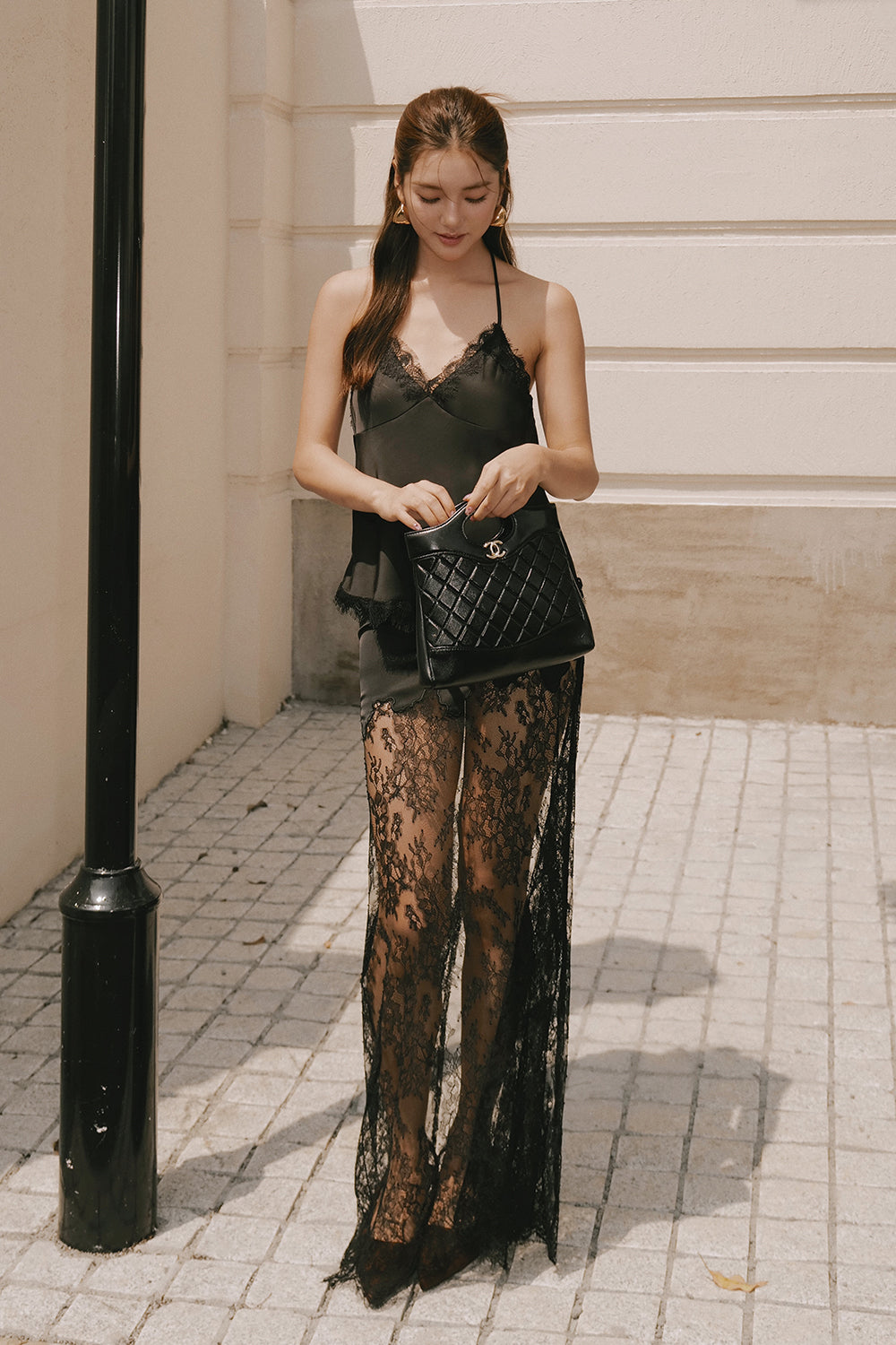 Satin Lace Trim Sheer Lace Maxi Skirt
