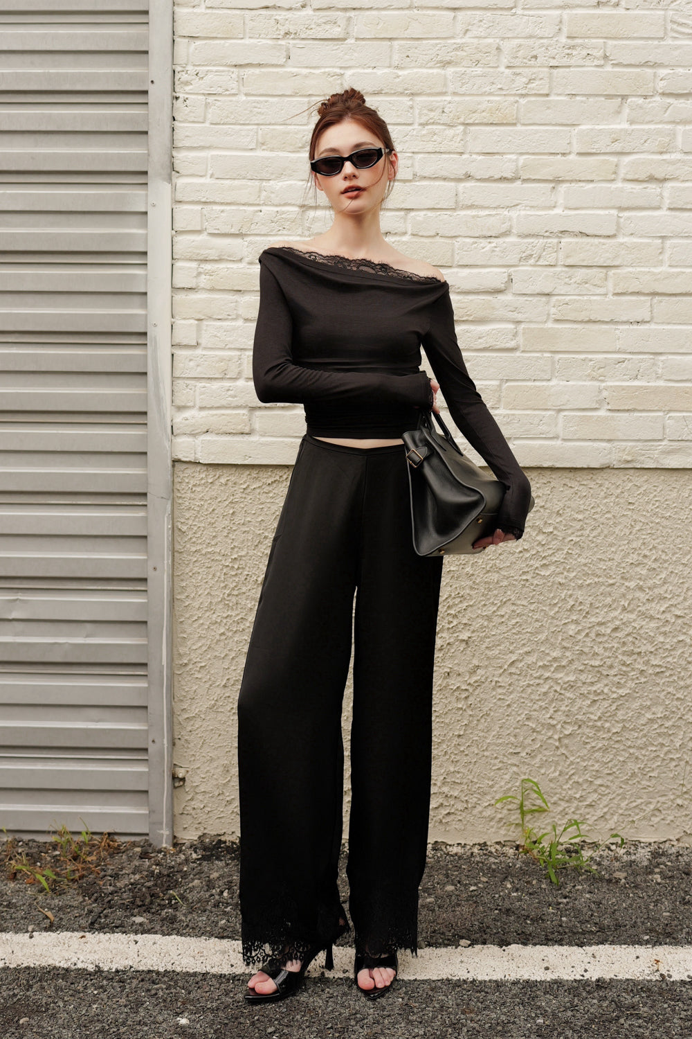 Satin Lace Trim Wide-Leg Pants