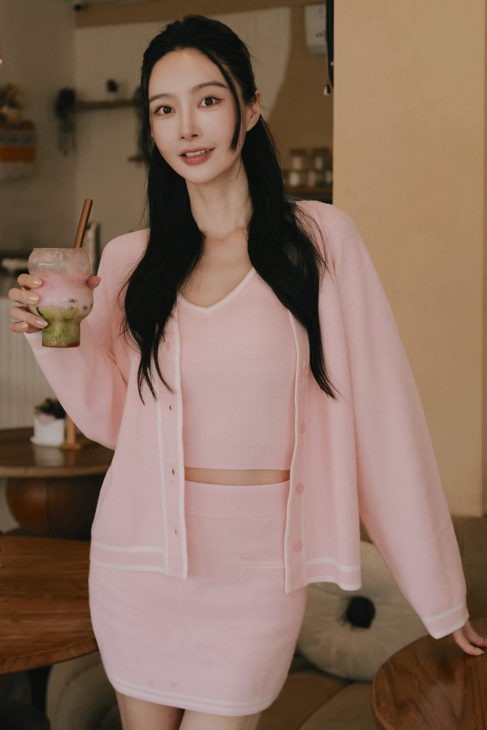 Afternoon Walk Tuck-Stitch Knit Contrast Trim Cardigan