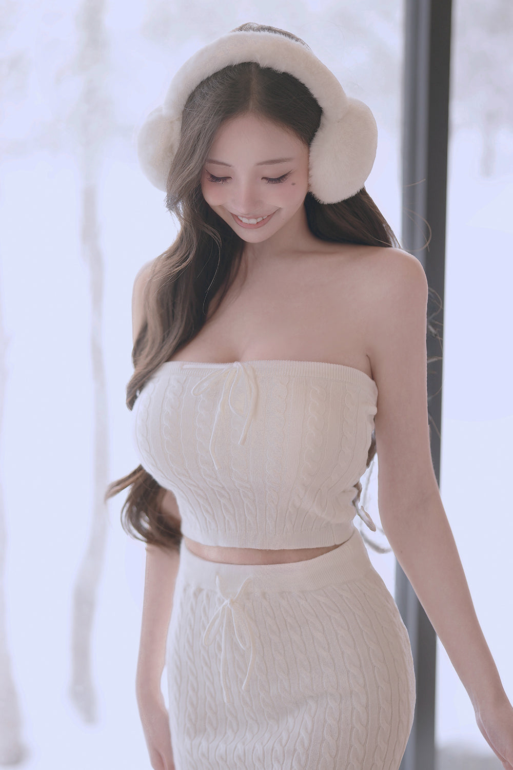 Gentle Touch Fine Cable Knit Tie-Front Strapless Bra Top