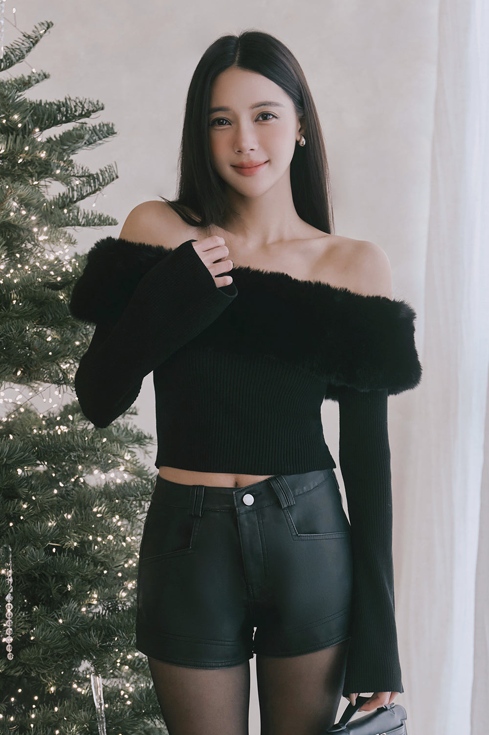 Ribbed Knit Furry Off-Shoulder Long-Sleeve Top