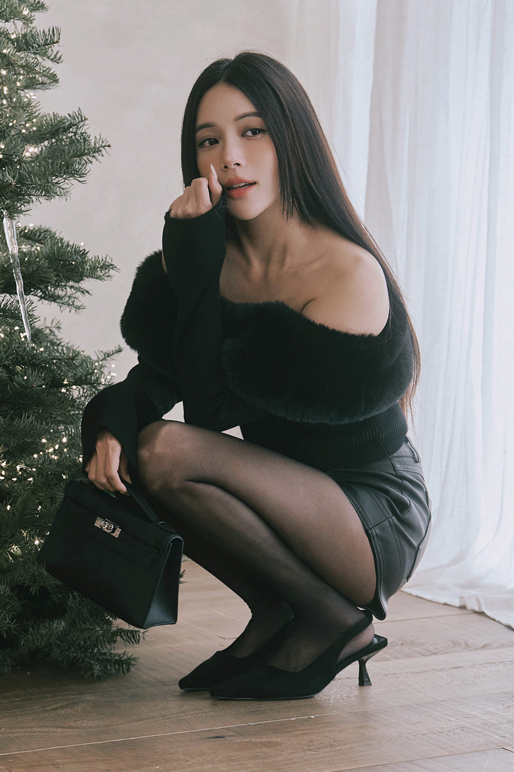 Ribbed Knit Furry Off-Shoulder Long-Sleeve Top