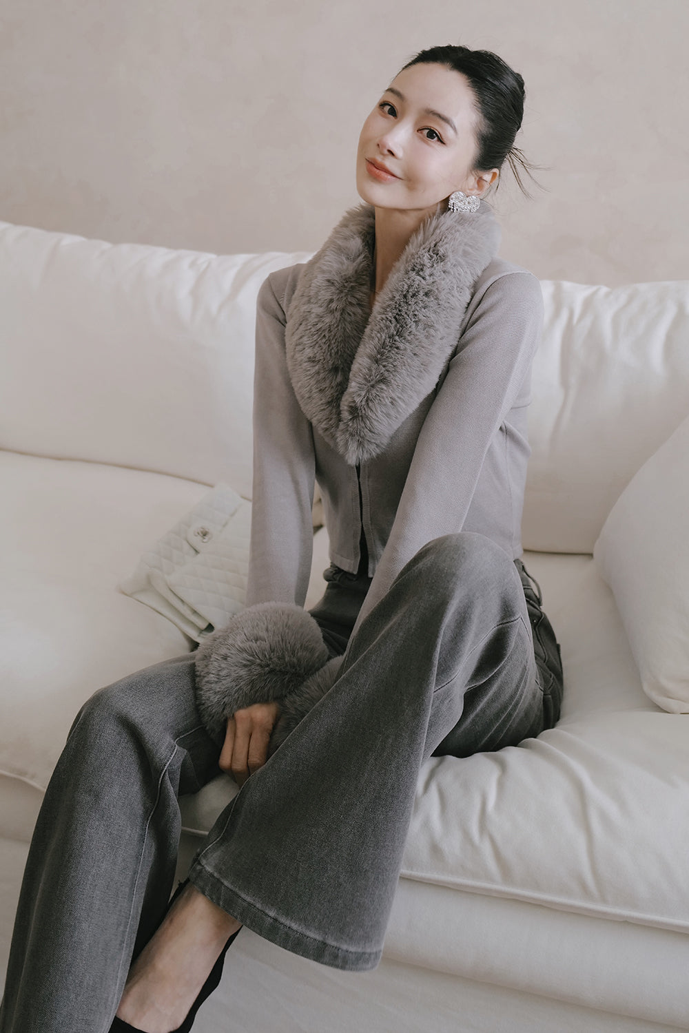 Ribbed Knit Fur-Trim Buttoned Top