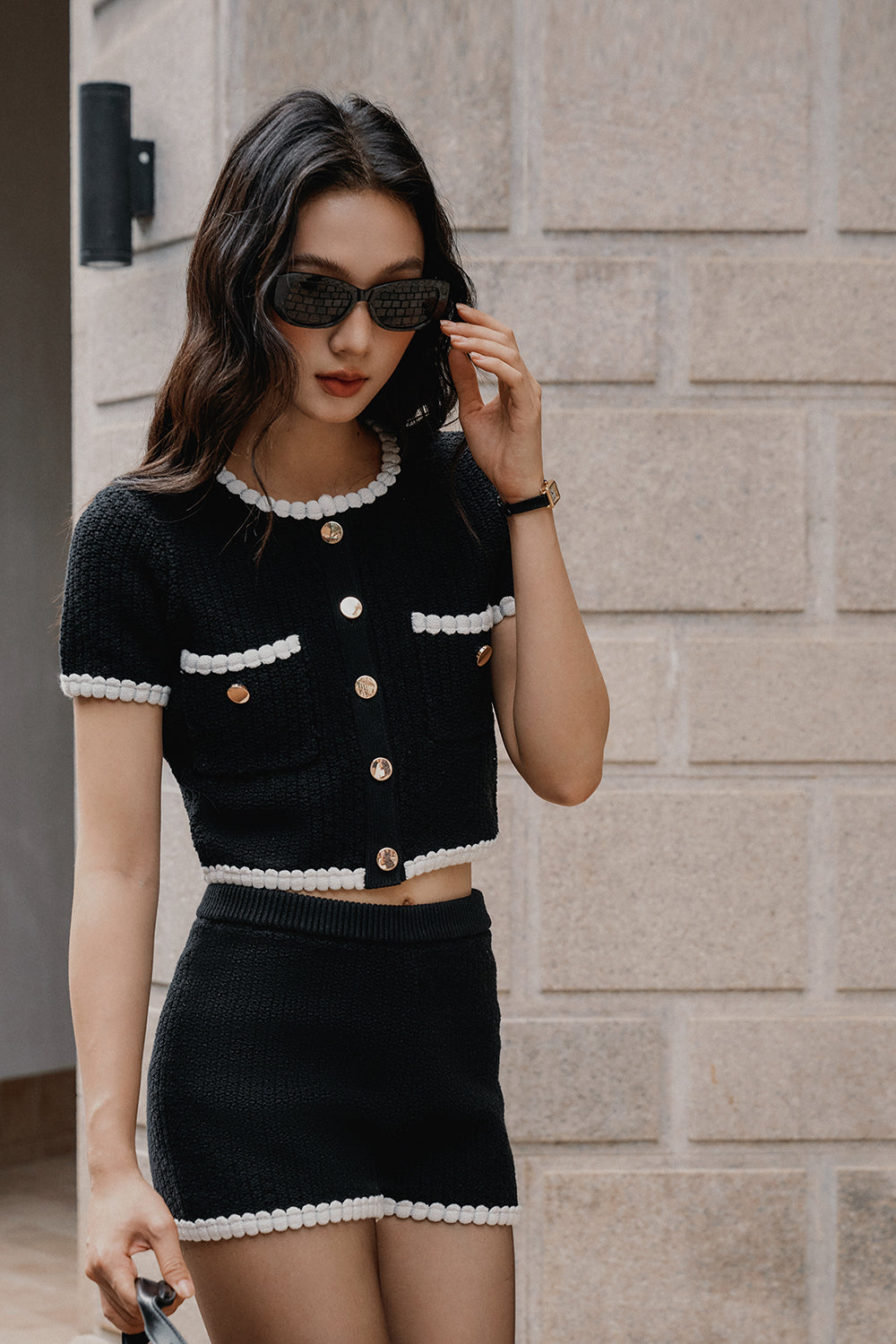 Afternoon Walk Chunky Knit Contrast Trim Short-Sleeve Button-Up Cardigan