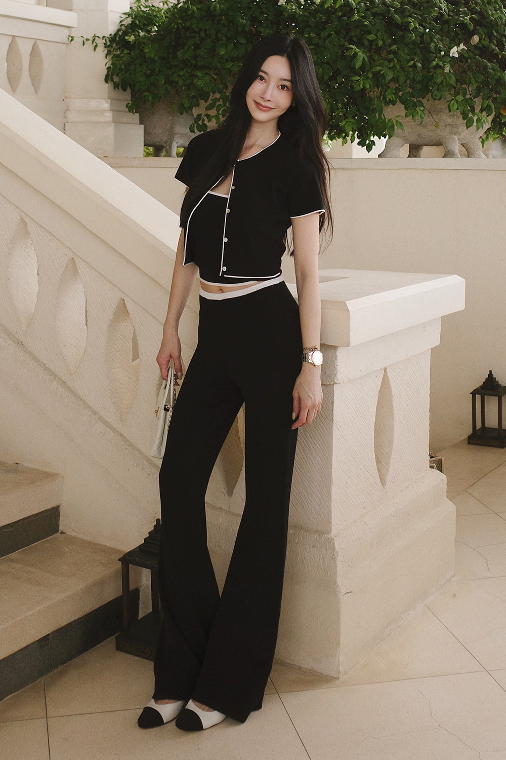 Contrast Trim Knit Flare Pants