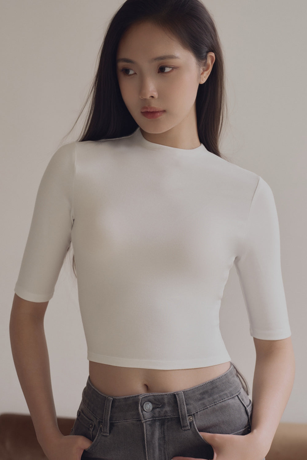 Fitted Elbow Sleeve Mock Neck Top