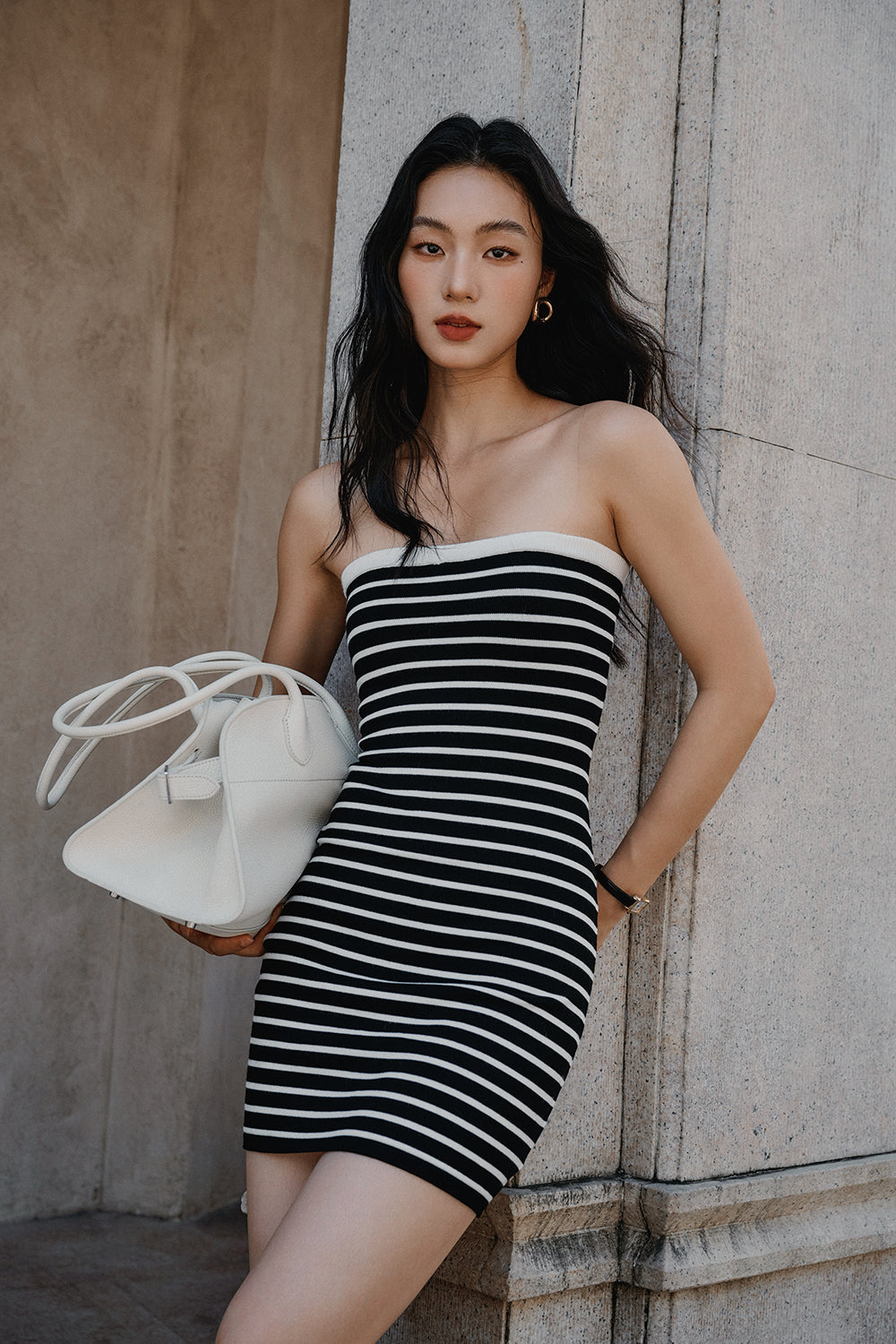 Afternoon Walk Knit Striped Strapless Mini Bra Dress