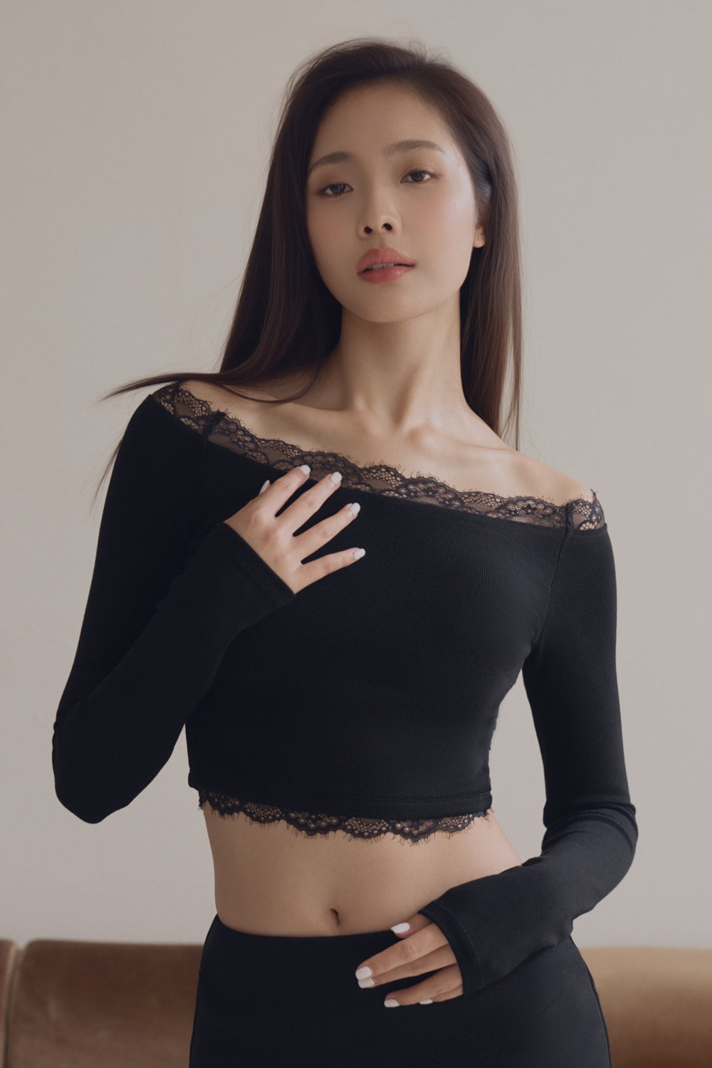 Elegant Rib Lace Trim Off-Shoulder Long Sleeve Bra Top