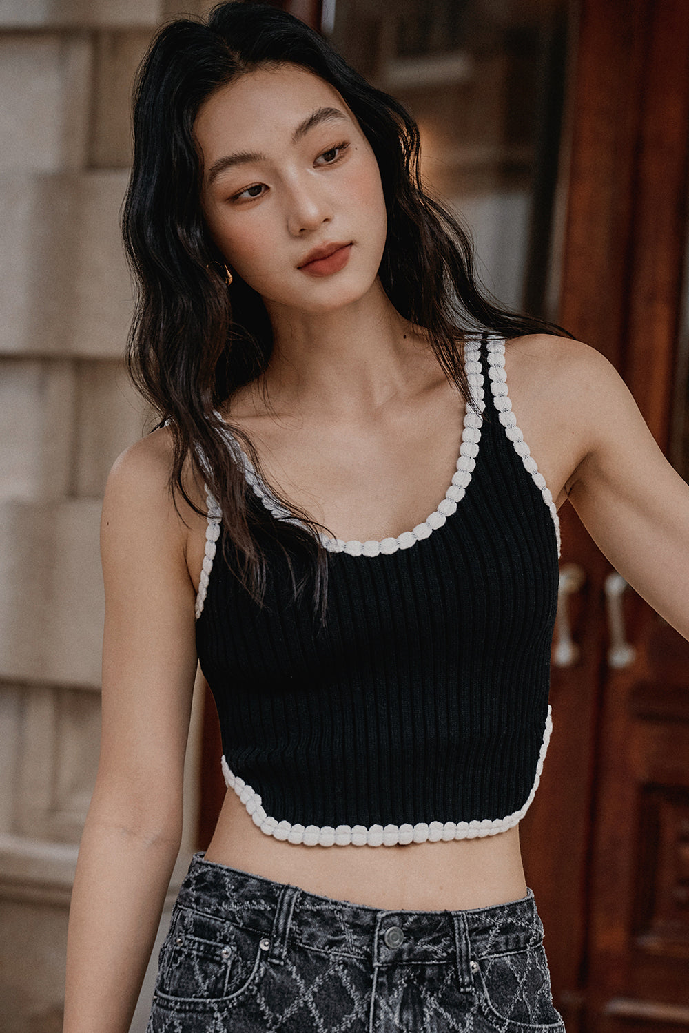 Afternoon Walk Chunky Knit Contrast Trim Wide Strap Bra Top