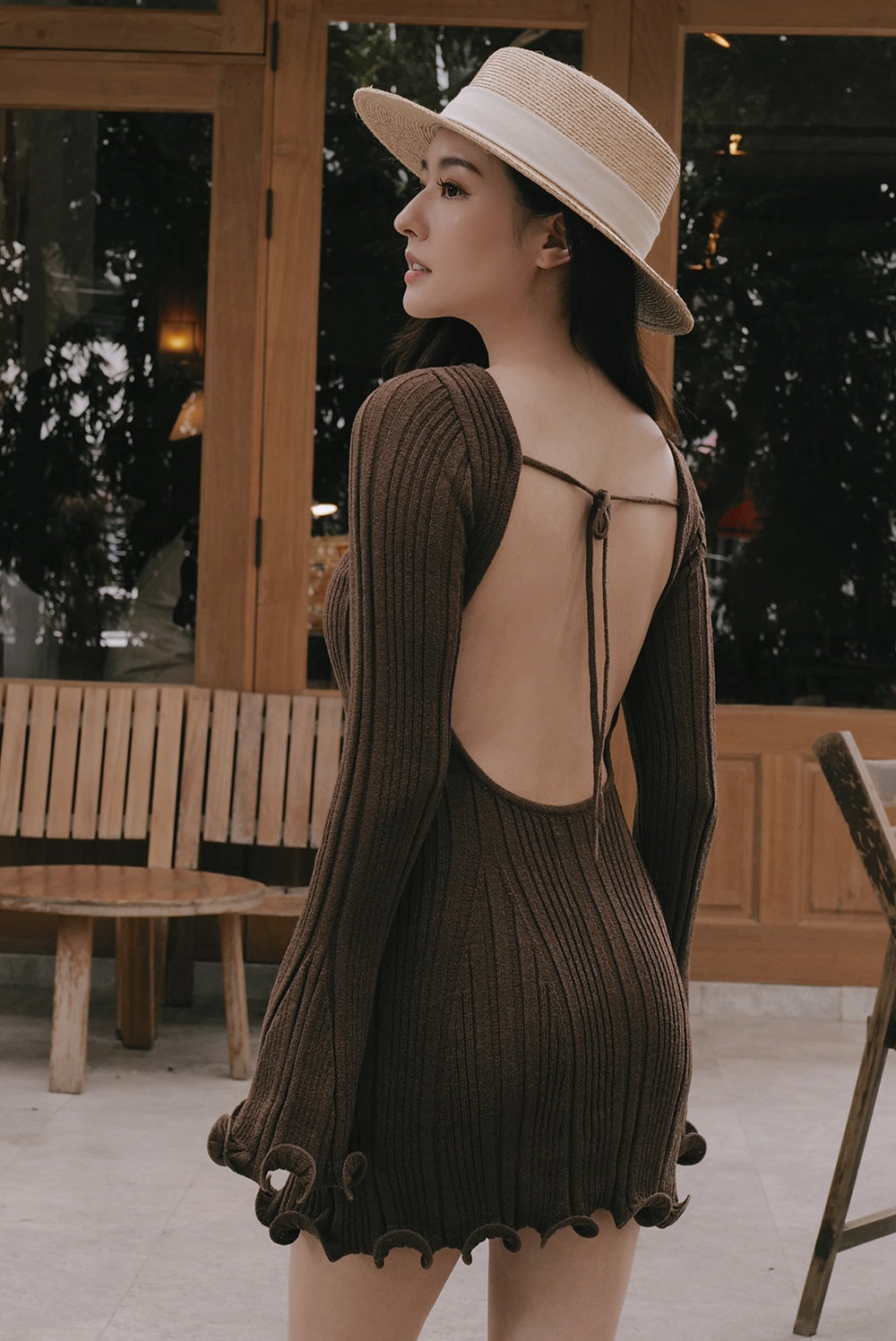 Wide Ribbed Knit Backless Ruffle Hem Mini Bra Dress
