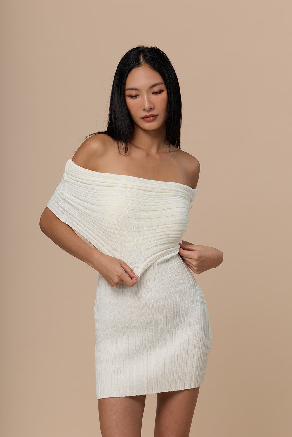 Wide Ribbed Knit Off-Shoulder Mini Bra Dress
