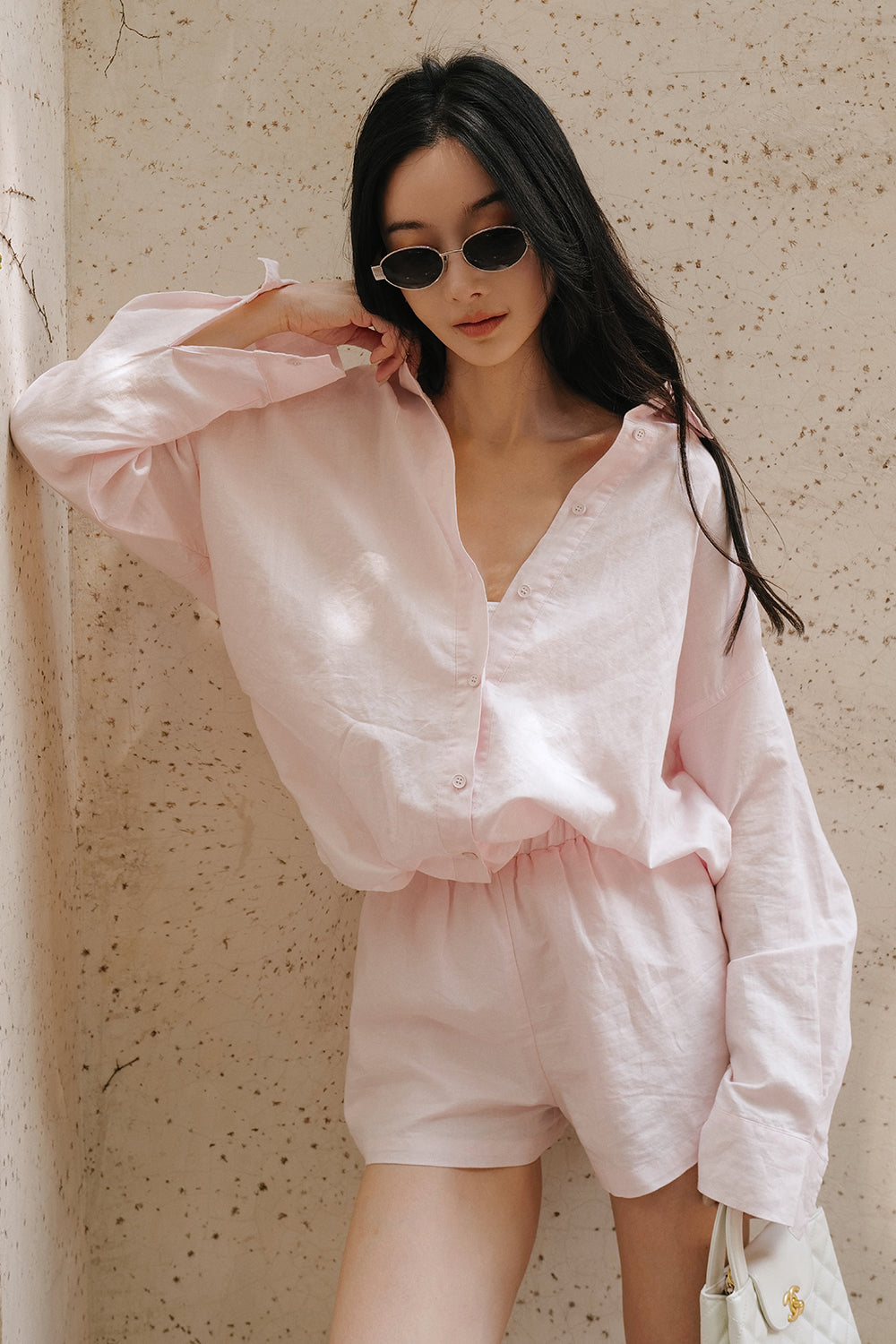 Cotton-Linen Long Sleeve Shirt & Waist Shorts Set