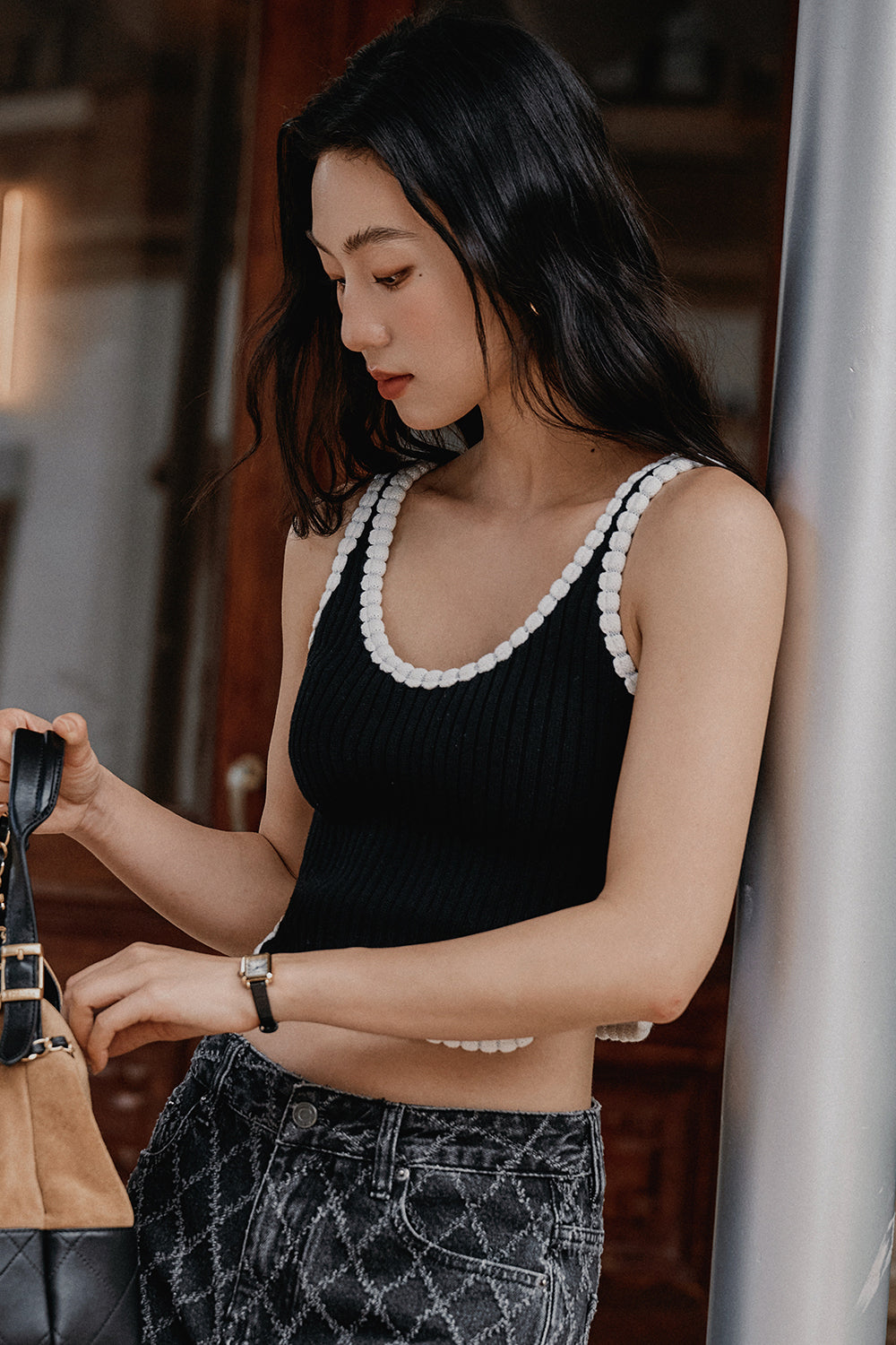 Afternoon Walk Chunky Knit Contrast Trim Wide Strap Bra Top