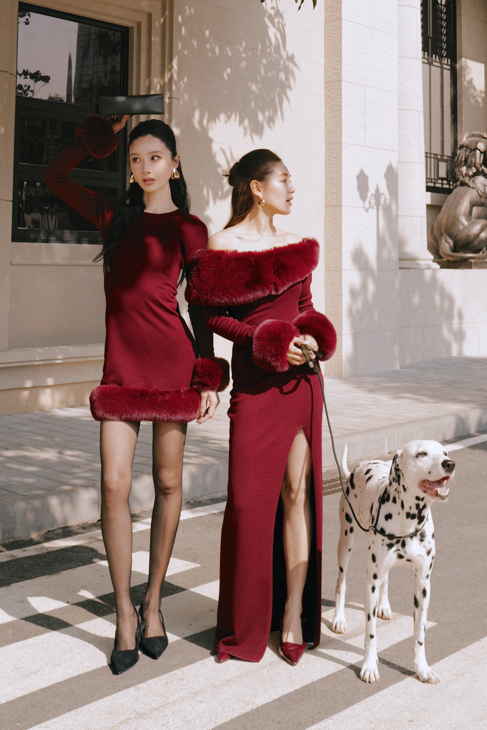 Ribbed Knit Asymmetric Dress with Faux Fur Collar