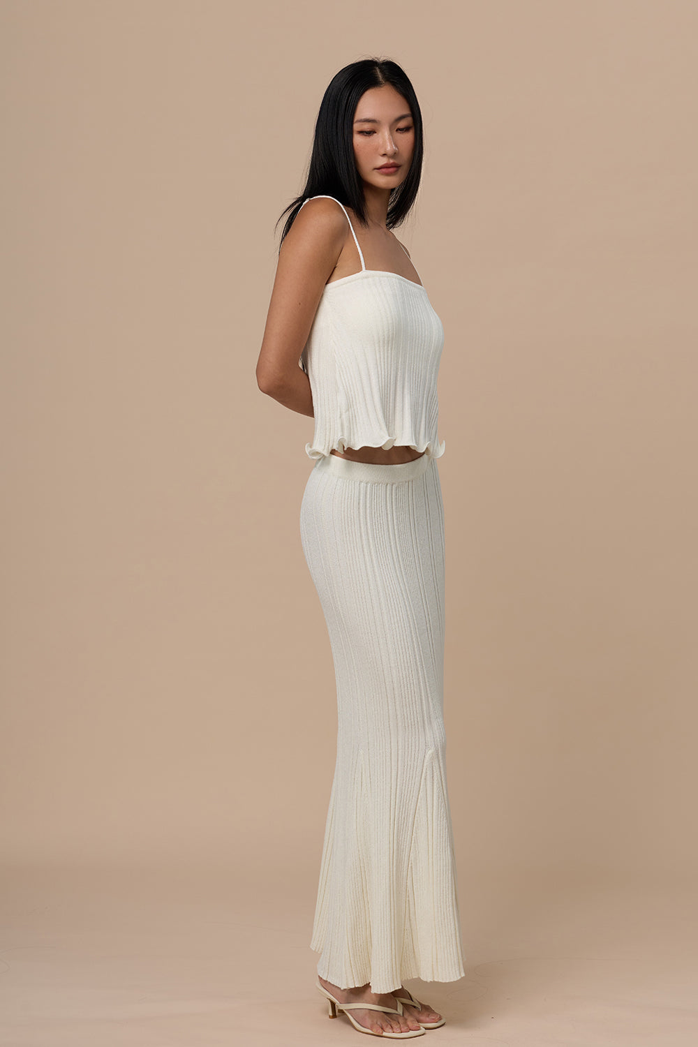 Wide Ribbed Knit Ruffle Hem Thin Strap BraTop