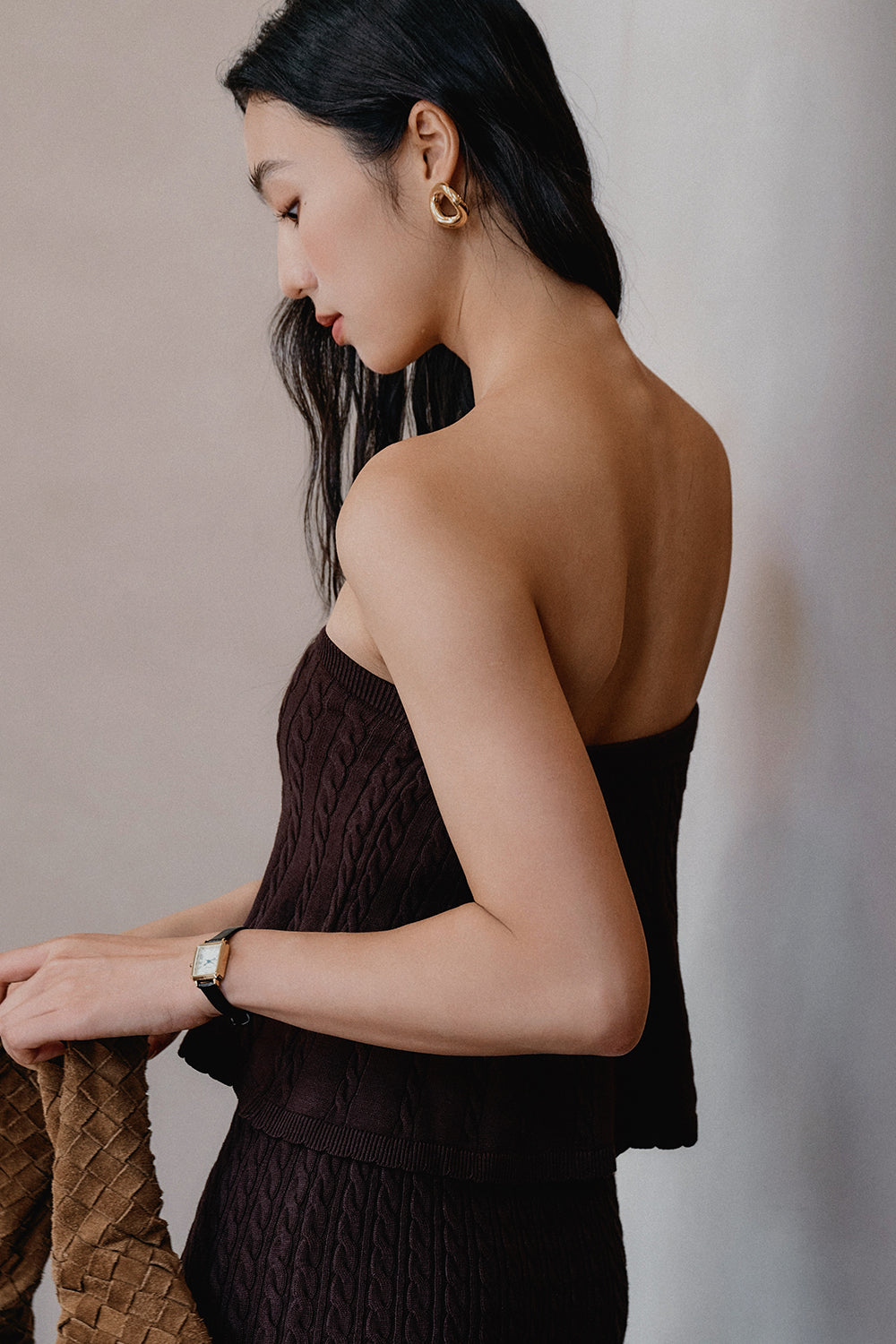 Afternoon Walk Knit Tie-Front Strapless Bratop
