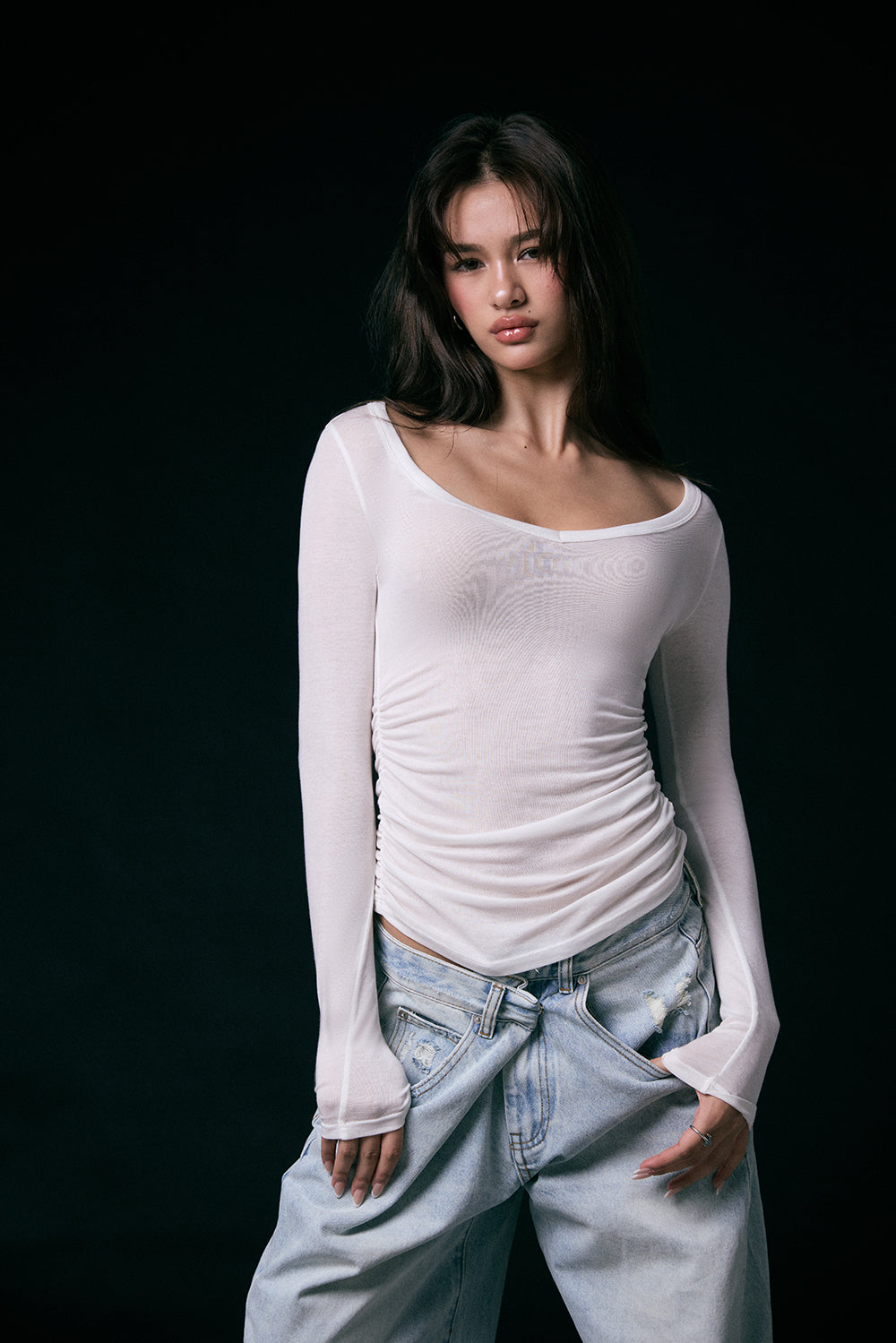 Tencel Wool Deep U-Neck Long Sleeve Top
