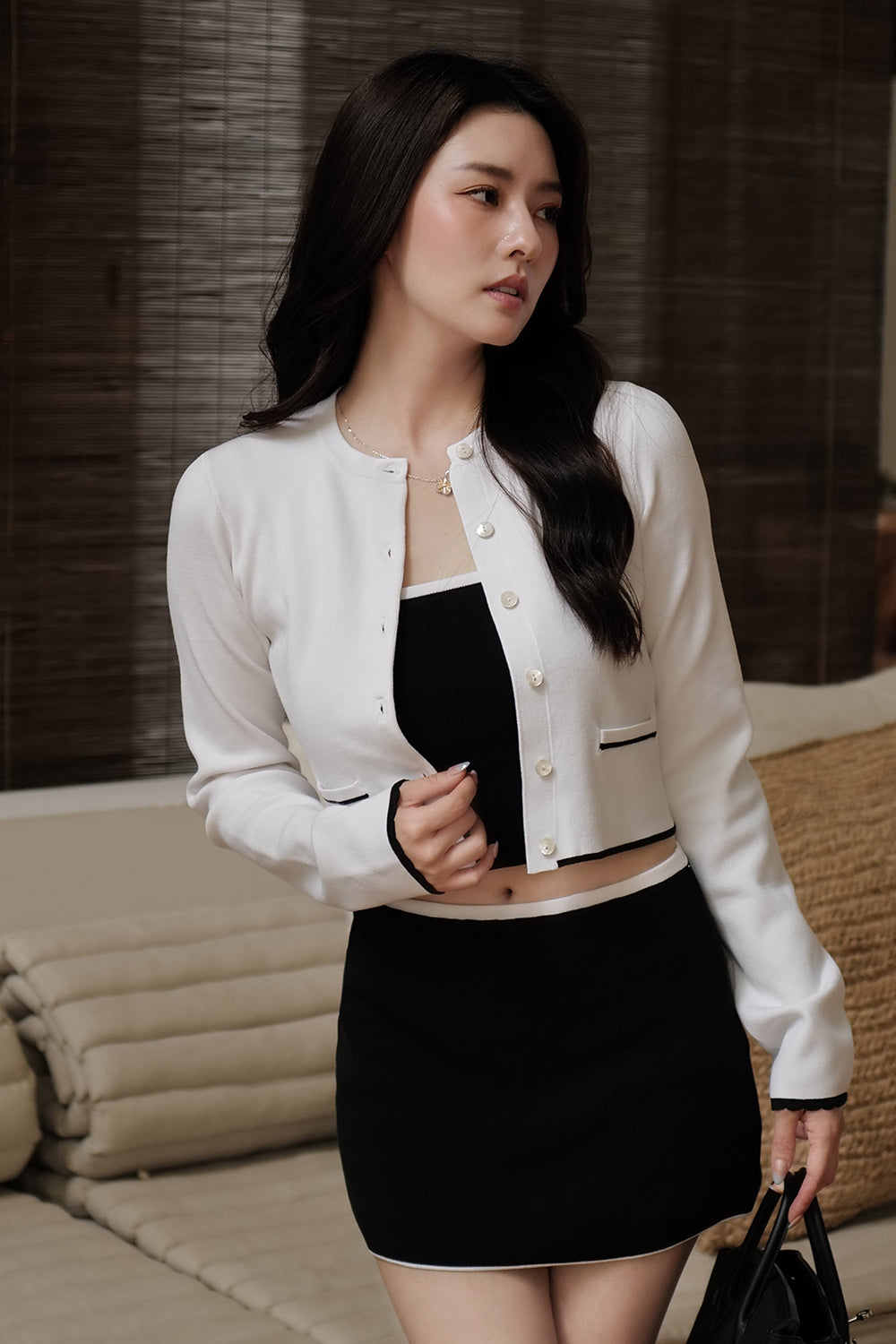 Ice Knit Contrast Trim Button-Up Jacket with Faux Pockets