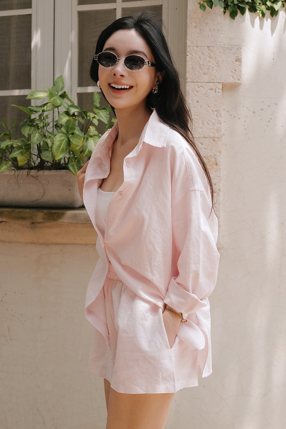 Cotton-Linen Long Sleeve Shirt & Waist Shorts Set