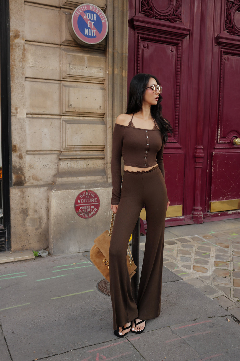 Elegant Rib Warmth Lace Trim Off-Shoulder Long Sleeve BraTop