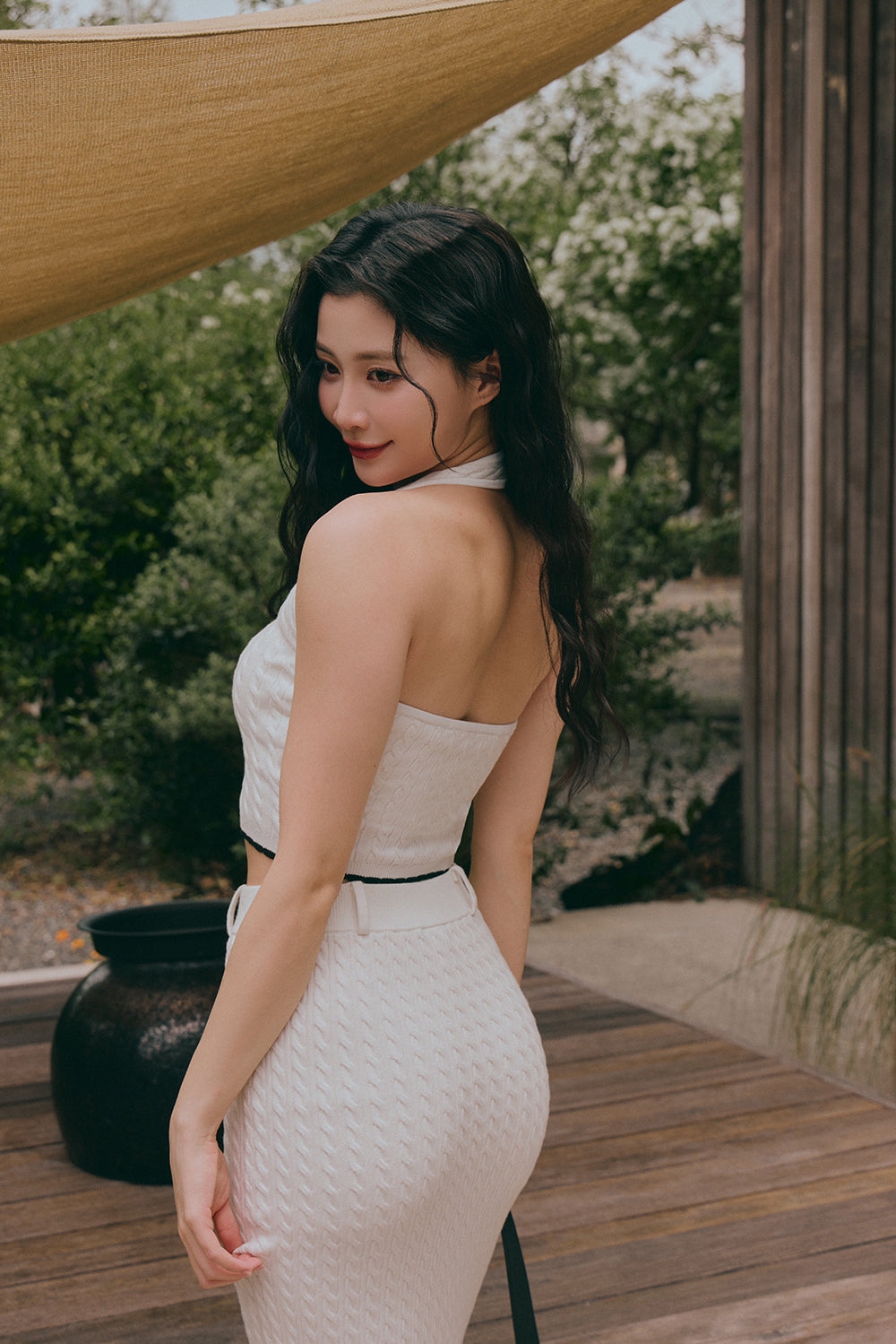 Afternoon Walk Knit Ripple Trim Halter Bra Top