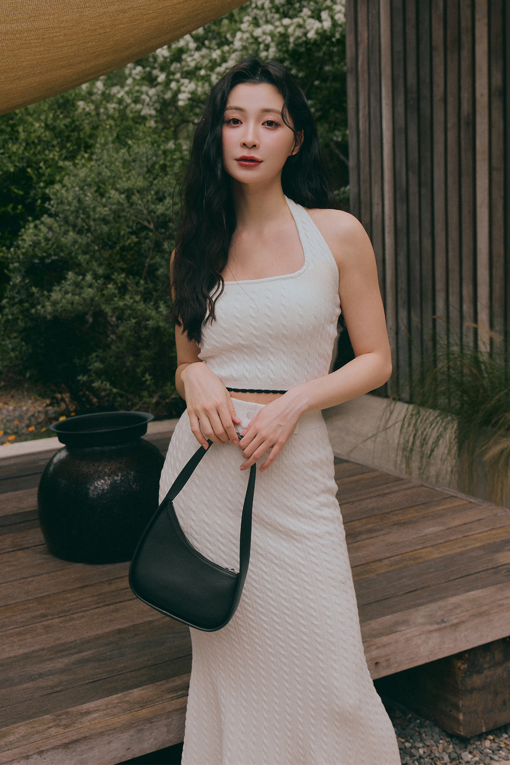 Afternoon Walk Knit Ripple Trim Halter Bra Top