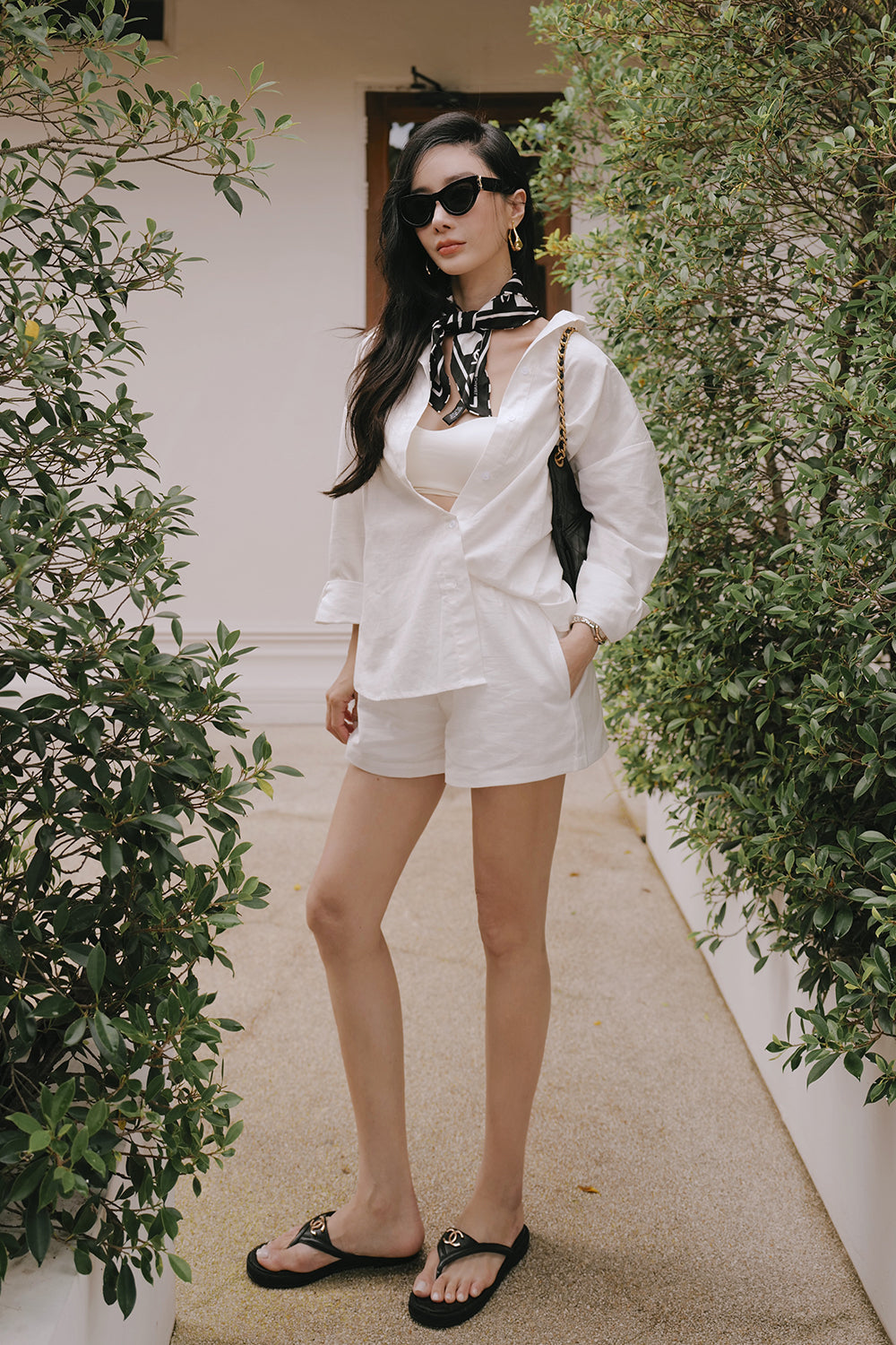 Stain-Resistant Cotton-Linen Long Sleeve Shirt & Waist Shorts Set