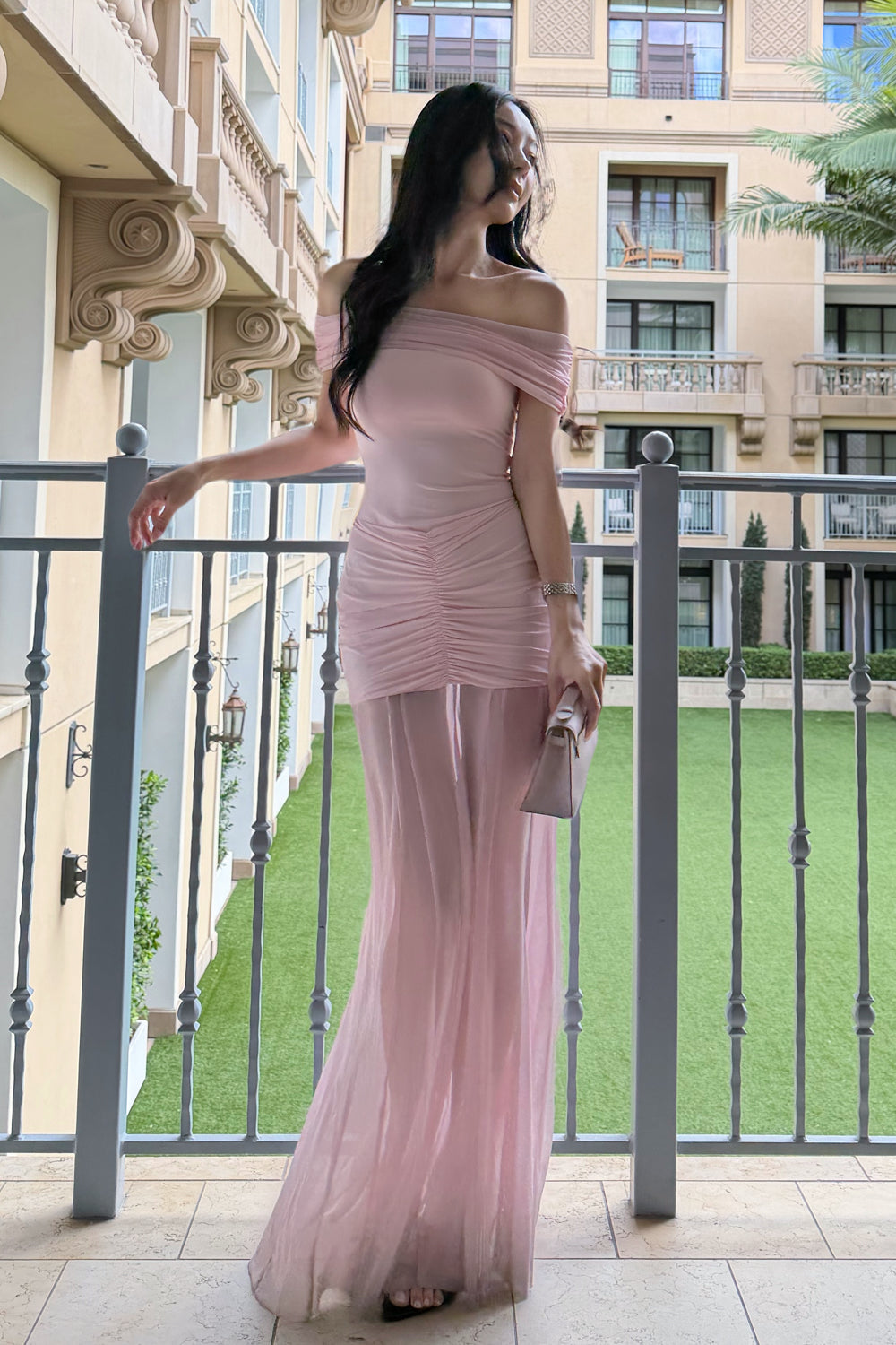 Off-the-Shoulder Ruched Mesh Maxi Dress