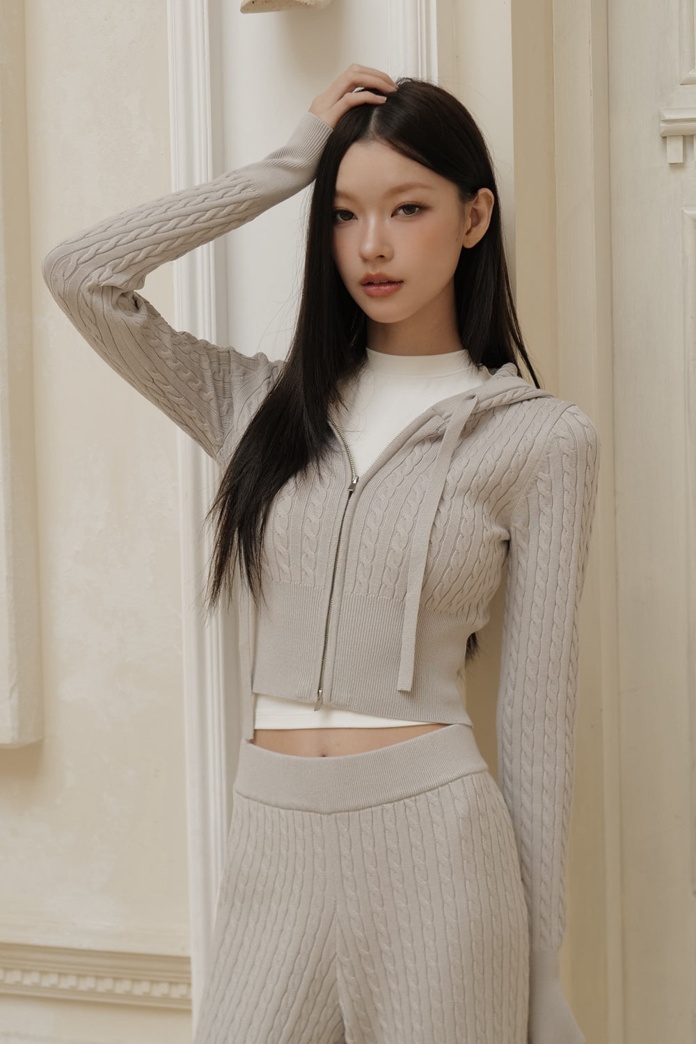 Afternoon Walk Cable Knit Cropped Hooded Jacket