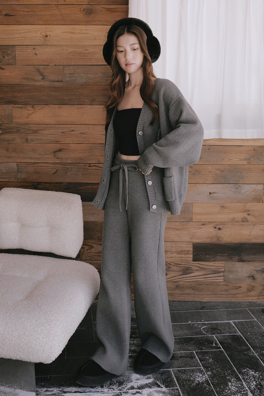 Cotton ribbed knit drawstring pants