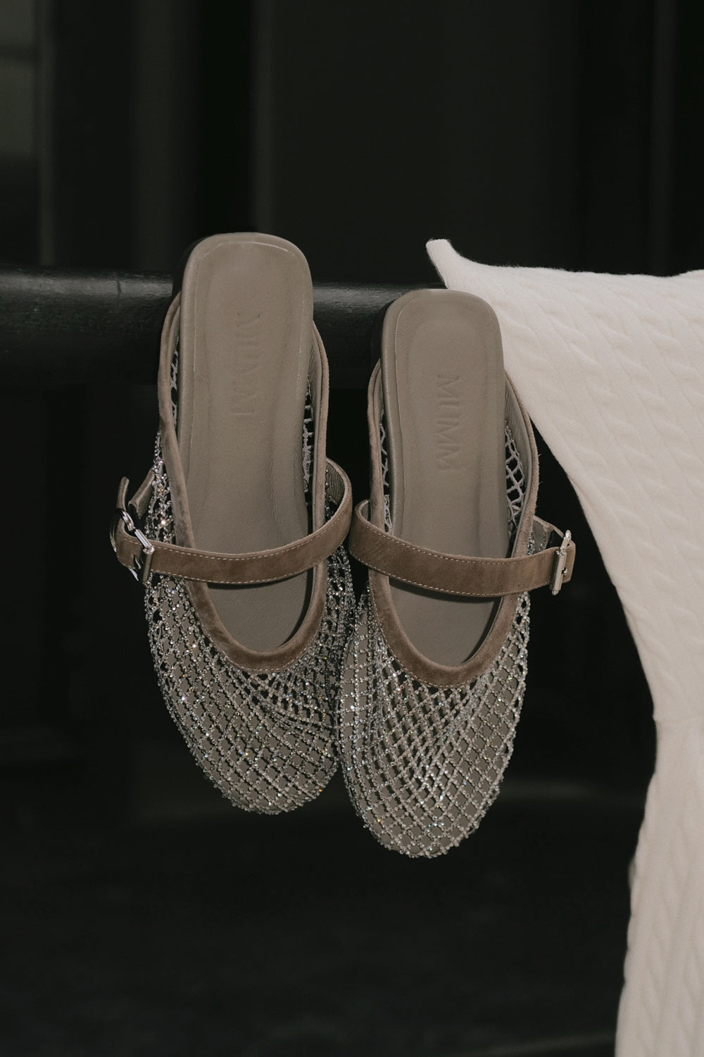 Lambskin Suede Sheer Mesh Buckle Mules