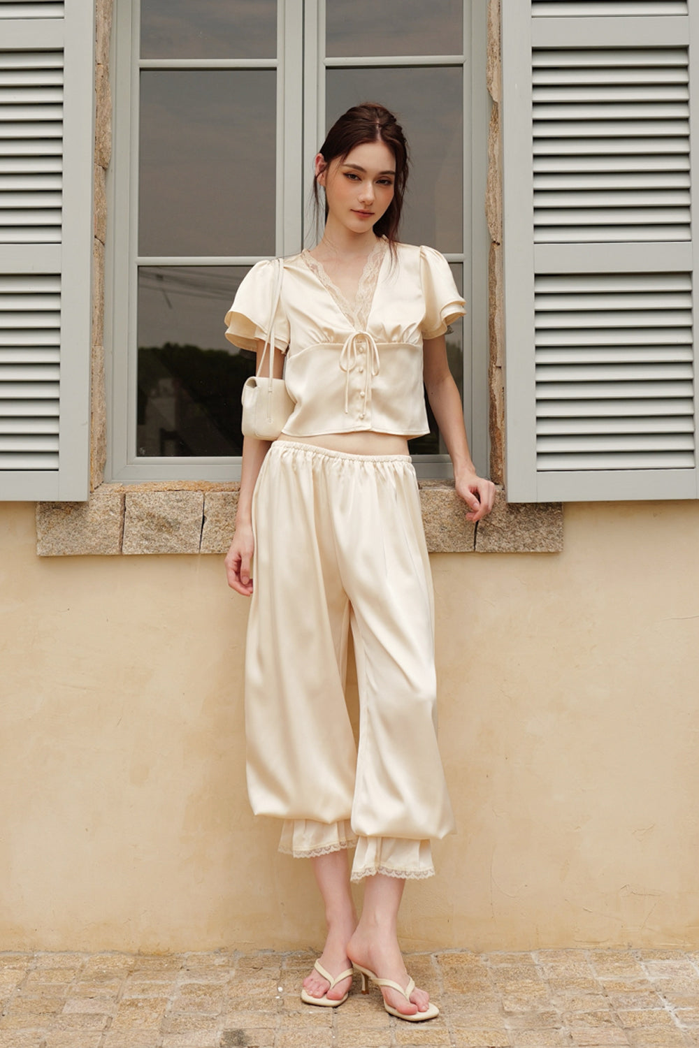 Satin Lace-Trimmed Ruffled-Hem Pants