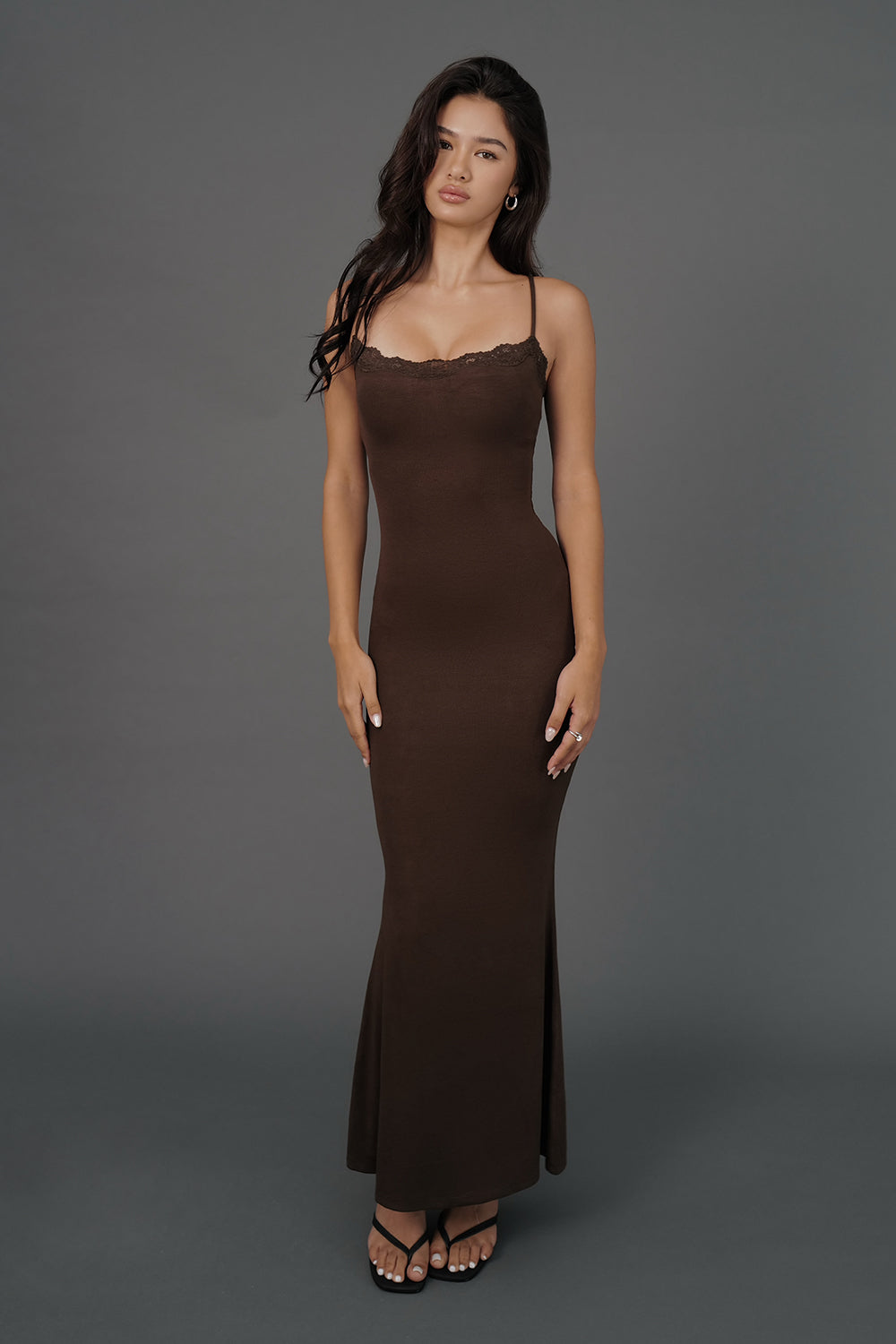 Elegant Rib Lace Trim Spaghetti Strap Maxi Bra Dress