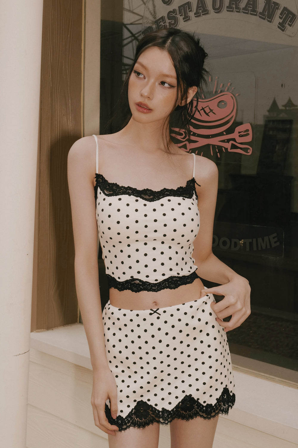 Elegant Rib Lace Trim Bow Detail Mini Skirt