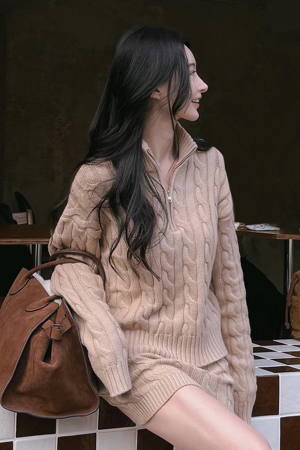 Gentle Touch Cable Knit Half-Zip Long Sleeve Top