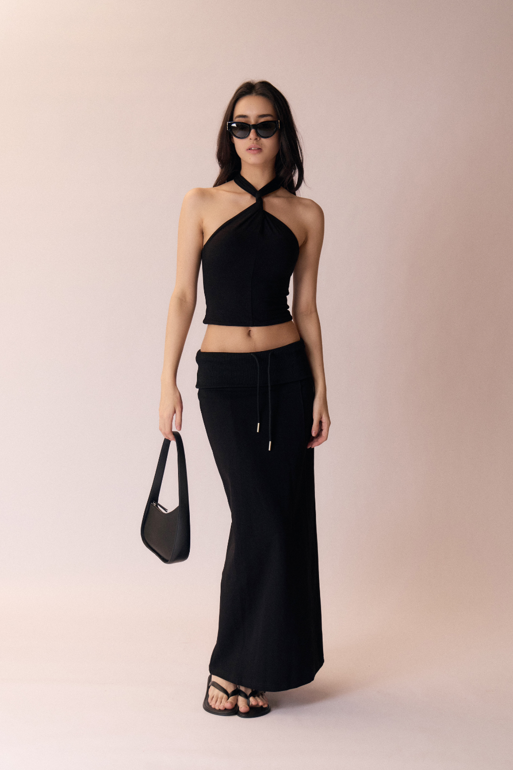Wide Folded Waist Drawstring Maxi Skirt