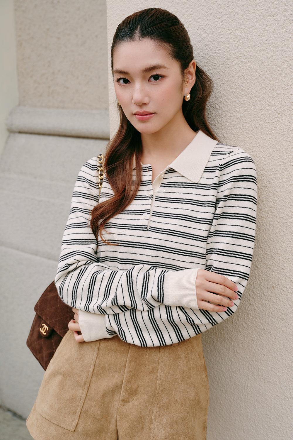 Gentle Touch Knit Long-Sleeve Polo Top