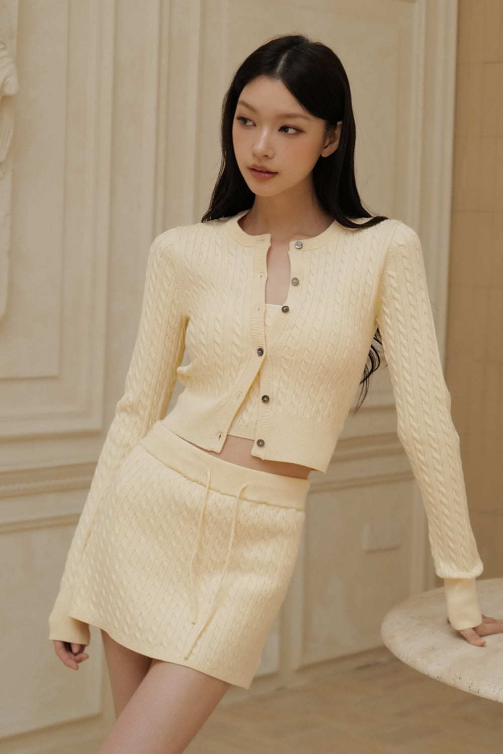 Afternoon Walk Cable Knit Button-Front long Sleeve Top